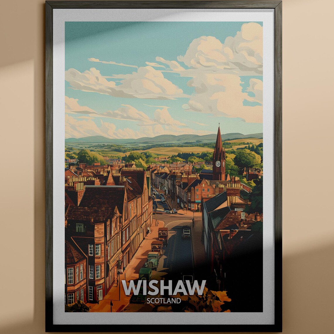 Wishaw Scotland Clock Tower Town Street Retro Vintage Travel Poster