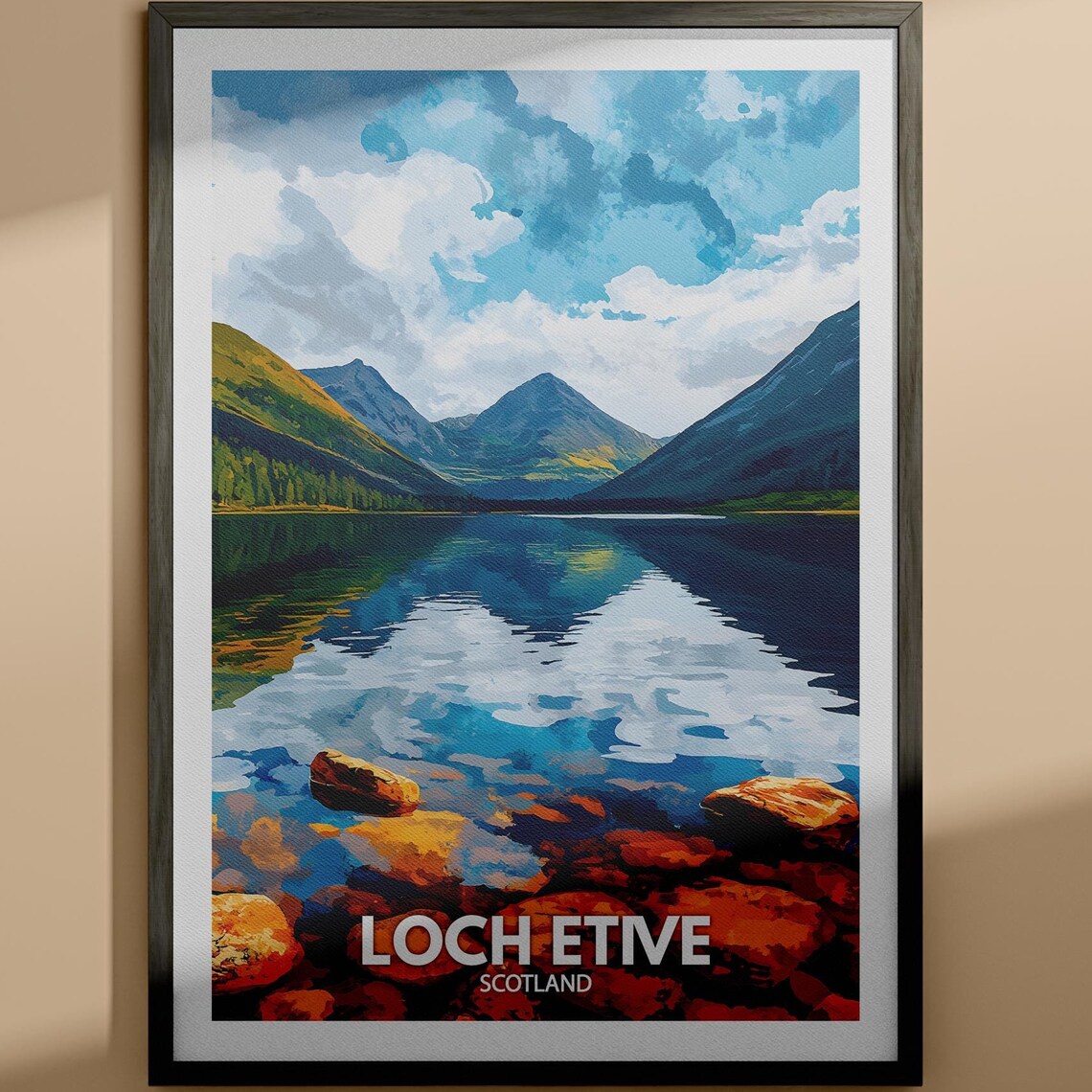 Loch Etive Scotland Mirror Lake Mountain Rocks Travel Poster