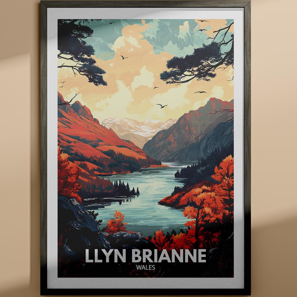 Llyn Brianne Wales Red Mountain Sunset Lake Retro Travel Poster