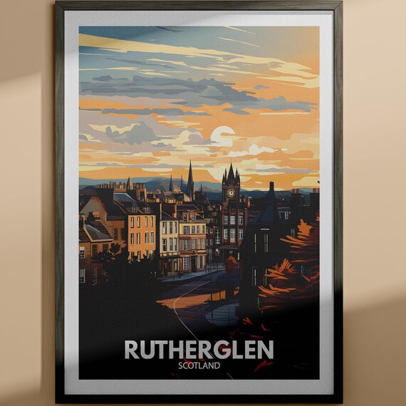 Rutherglen Scotland Sunset Town Clock Tower Golden Travel Poster