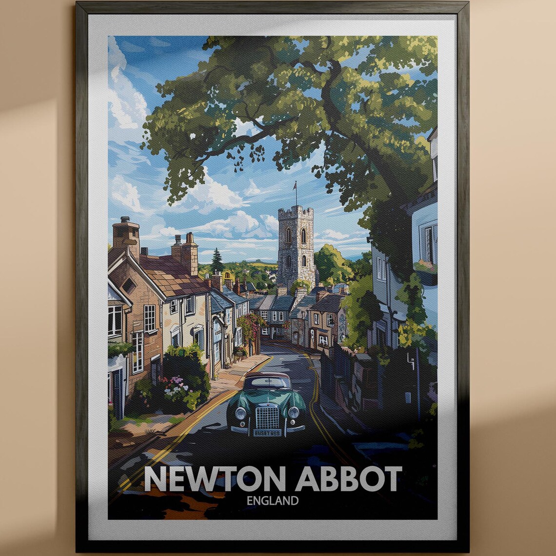 Newton Abbot England Church Tower Classic Car Vintage Travel Poster