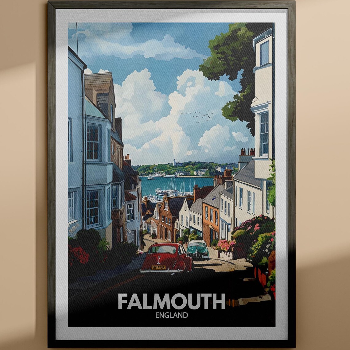 Falmouth England Harbor Street Vintage Cars Seaside Travel Poster