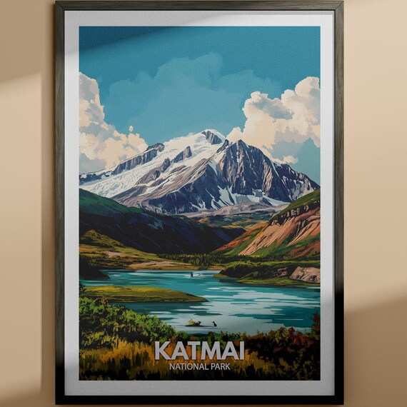 Katmai National Park Snowy Volcano Alaska Vintage Travel Poster