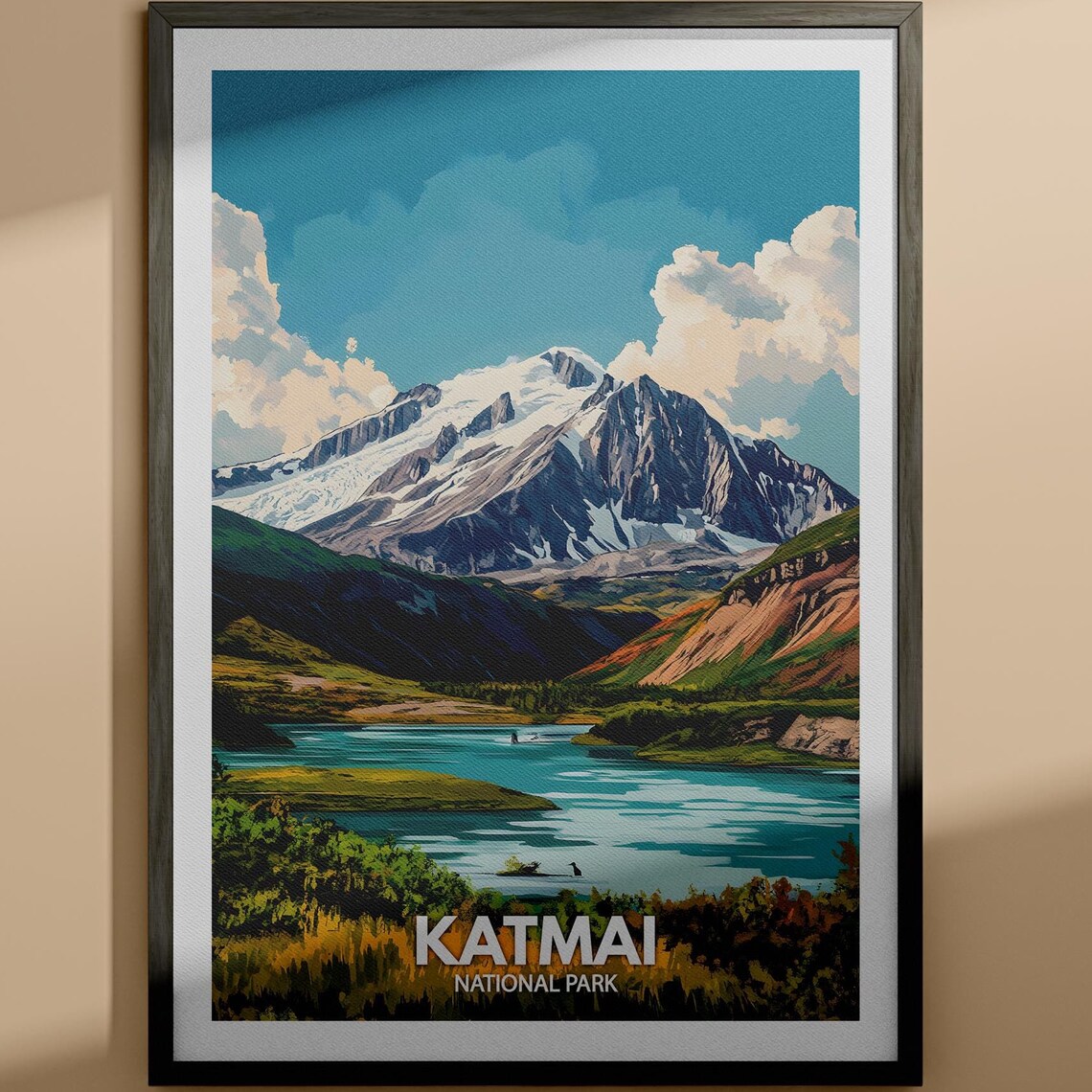 Katmai National Park Snowy Volcano Alaska Vintage Travel Poster