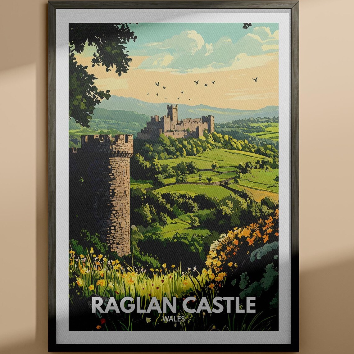 Raglan Castle Wales Green Countryside Medieval Ruins Travel Poster