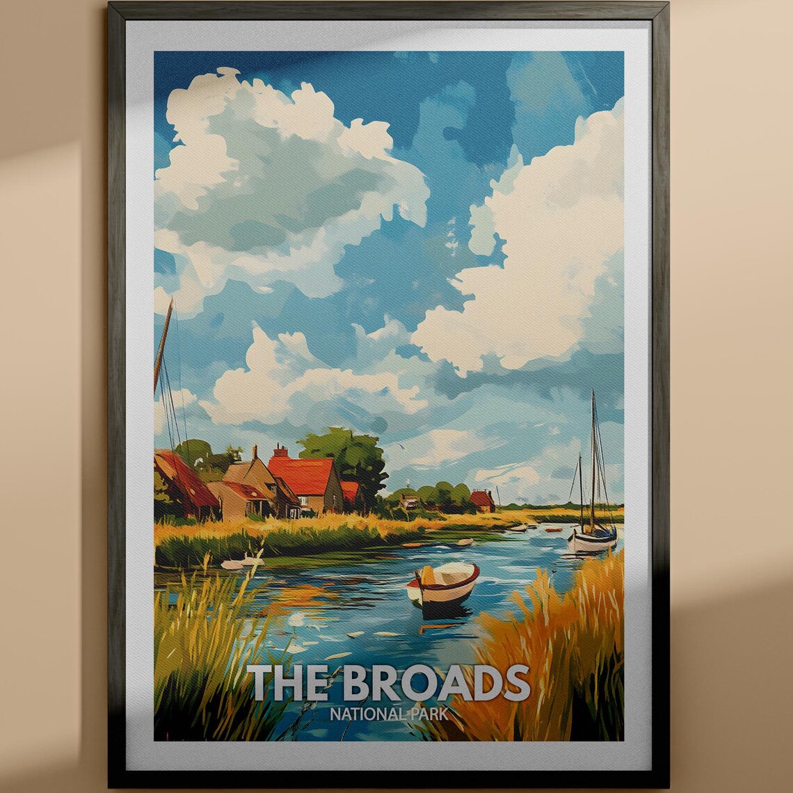 The Broads National Park Vintage Travel Poster River Boats Scene