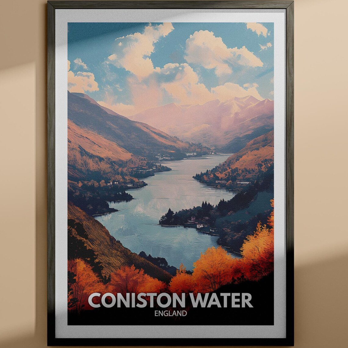 Coniston Water England Autumn Lake and Fell Mountains Travel Poster