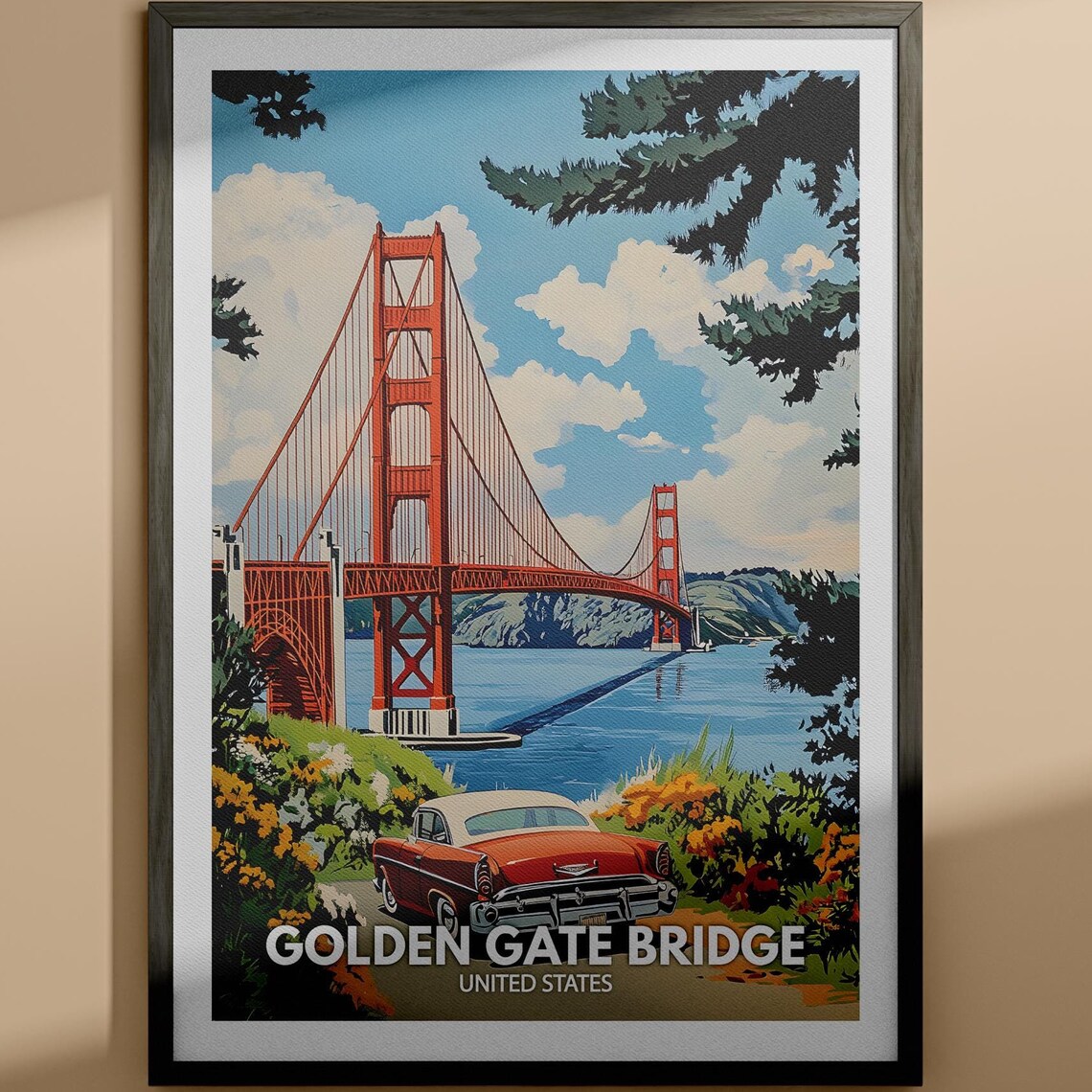 Golden Gate Bridge San Francisco Classic Red Car Vintage Travel Poster