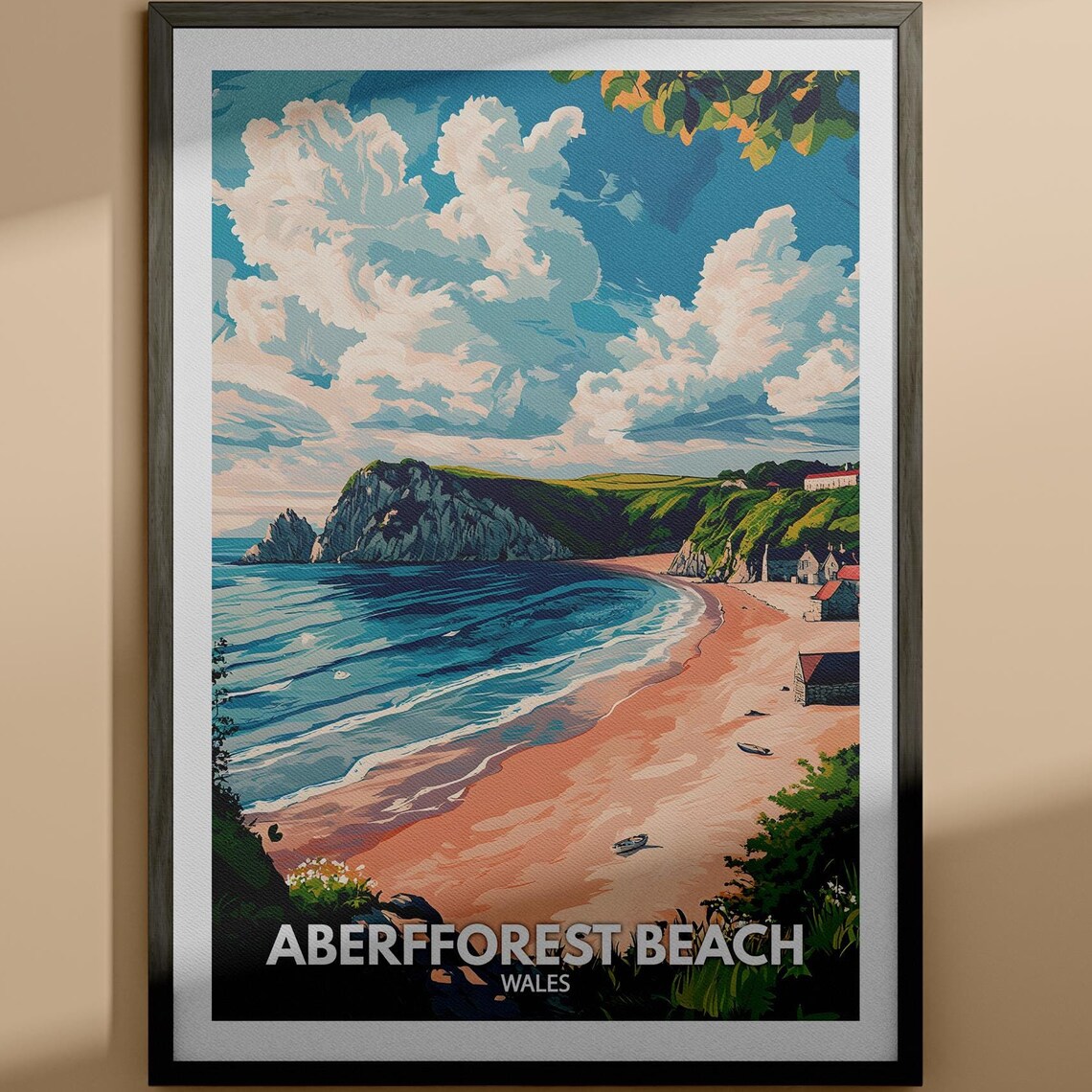 Aberfforest Beach Wales Coastal Village Illustration Travel Poster