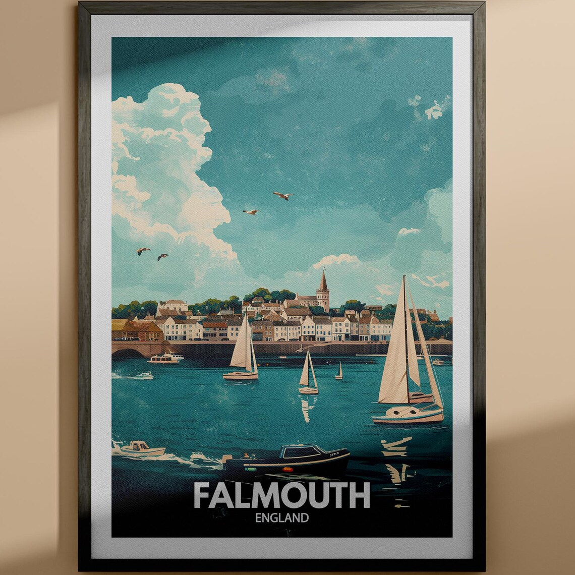 Falmouth England Harbor Sailboats Coastal Vintage Style Travel Poster