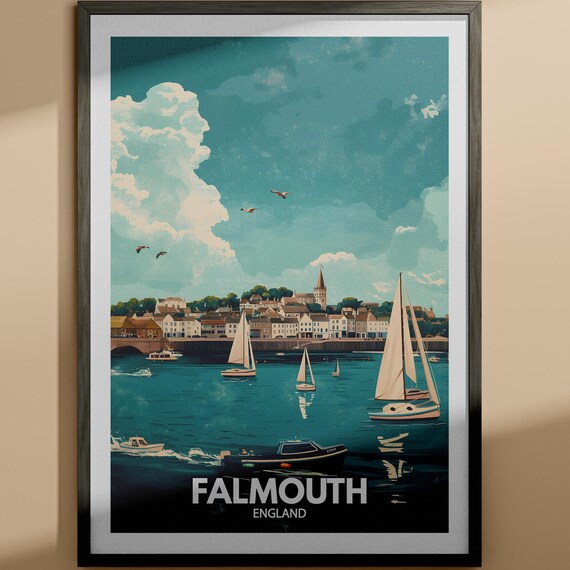 Falmouth England Harbor Sailboats Coastal Vintage Style Travel Poster
