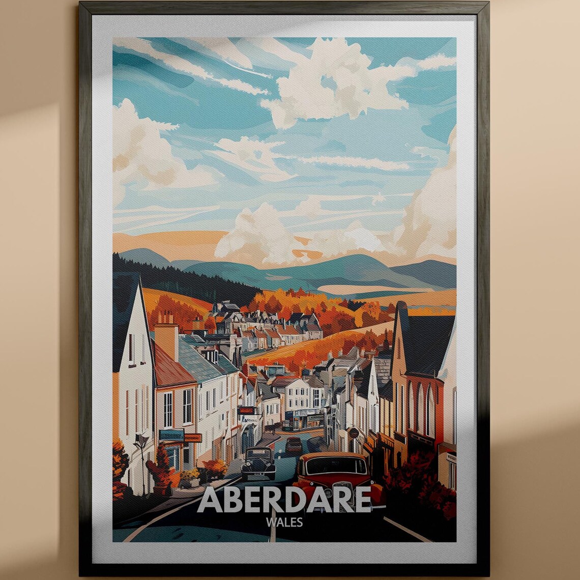 Aberdare Wales Vintage Cars Valley Town Street Retro Travel Poster