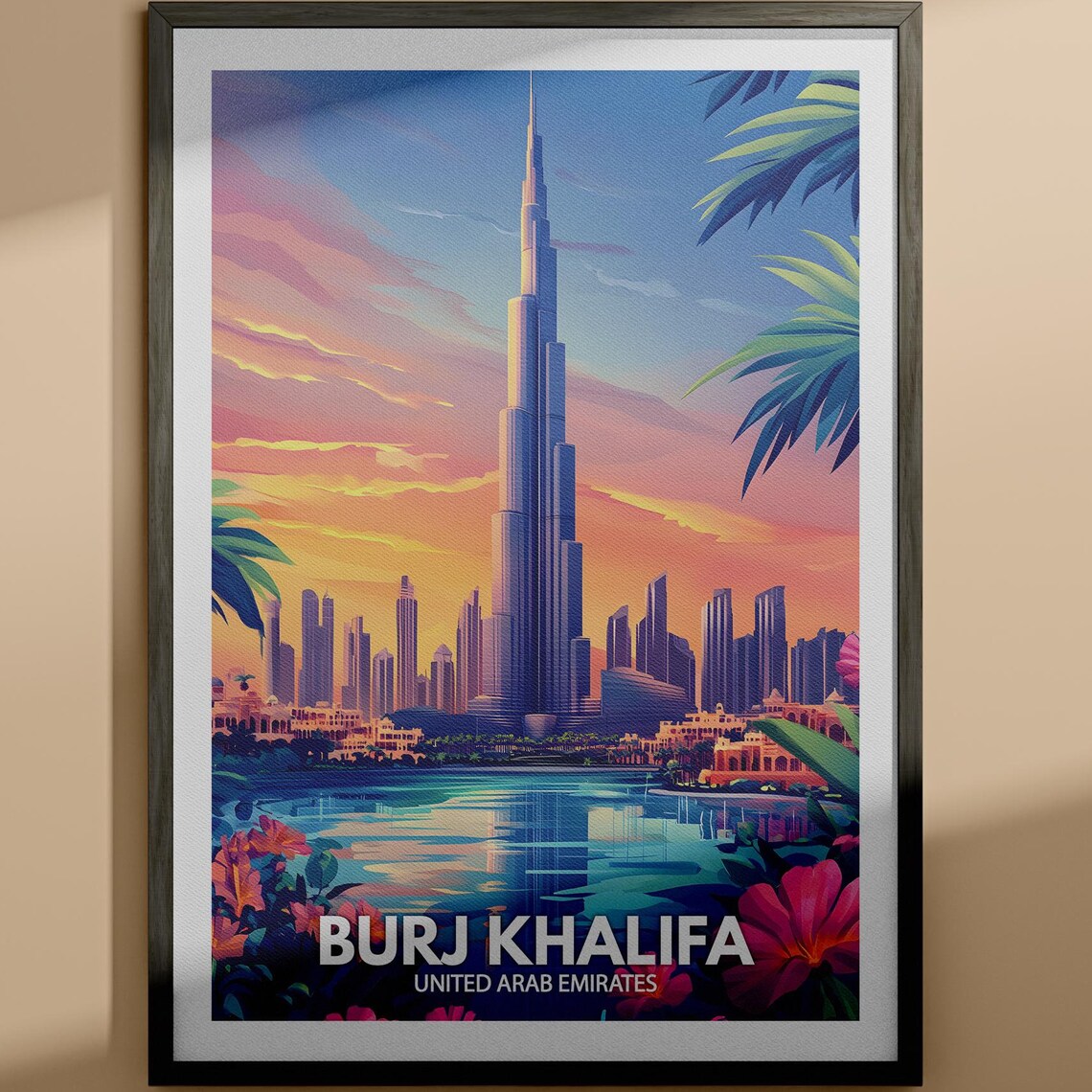Burj Khalifa Dubai UAE Sunset Skyline Palm Fronds Travel Art Poster