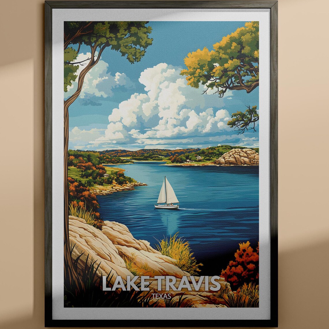 Lake Travis Texas Sailboat Rocky Shore Vintage Travel Poster