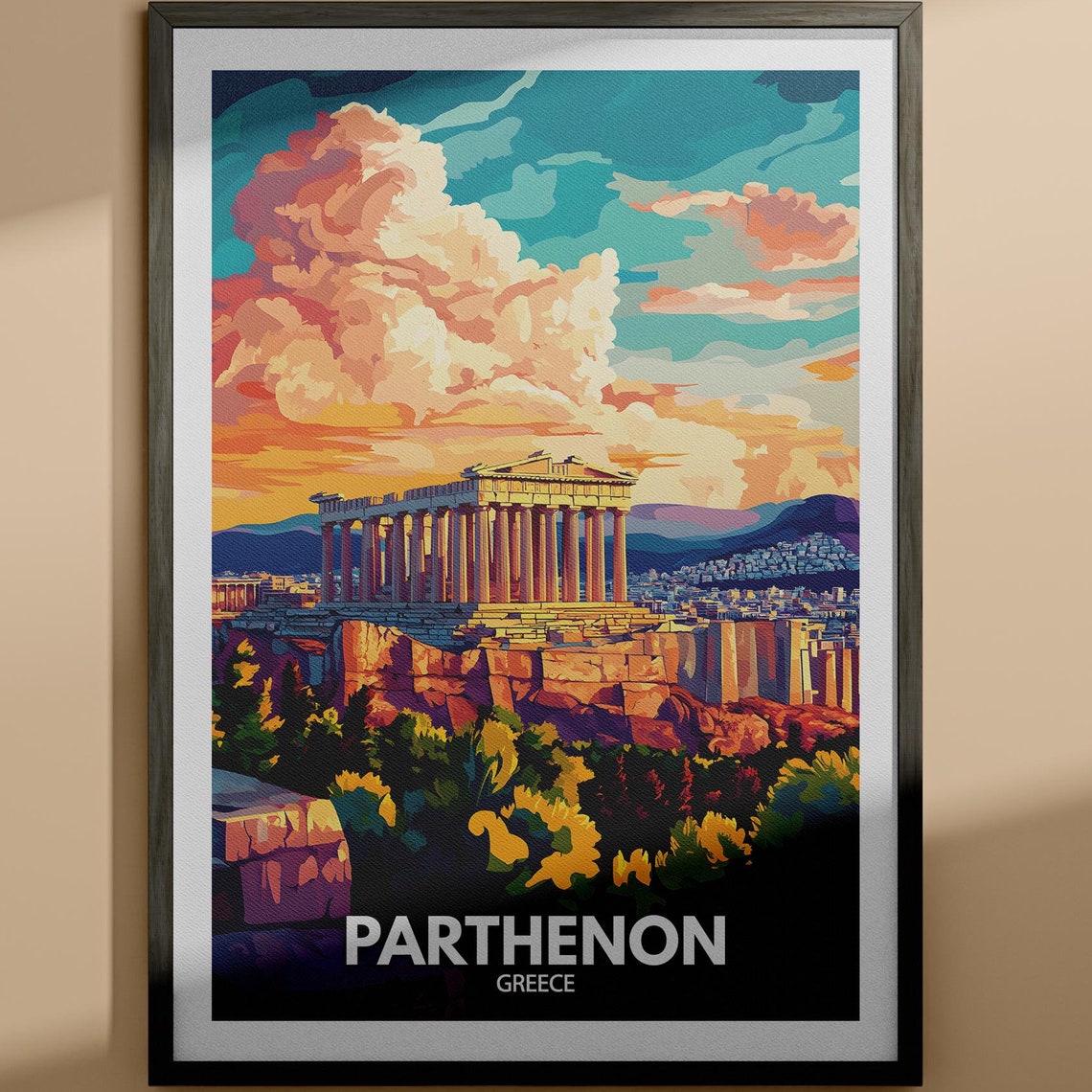 Parthenon Greece Athens Acropolis Sunset Dramatic Clouds Travel Poster