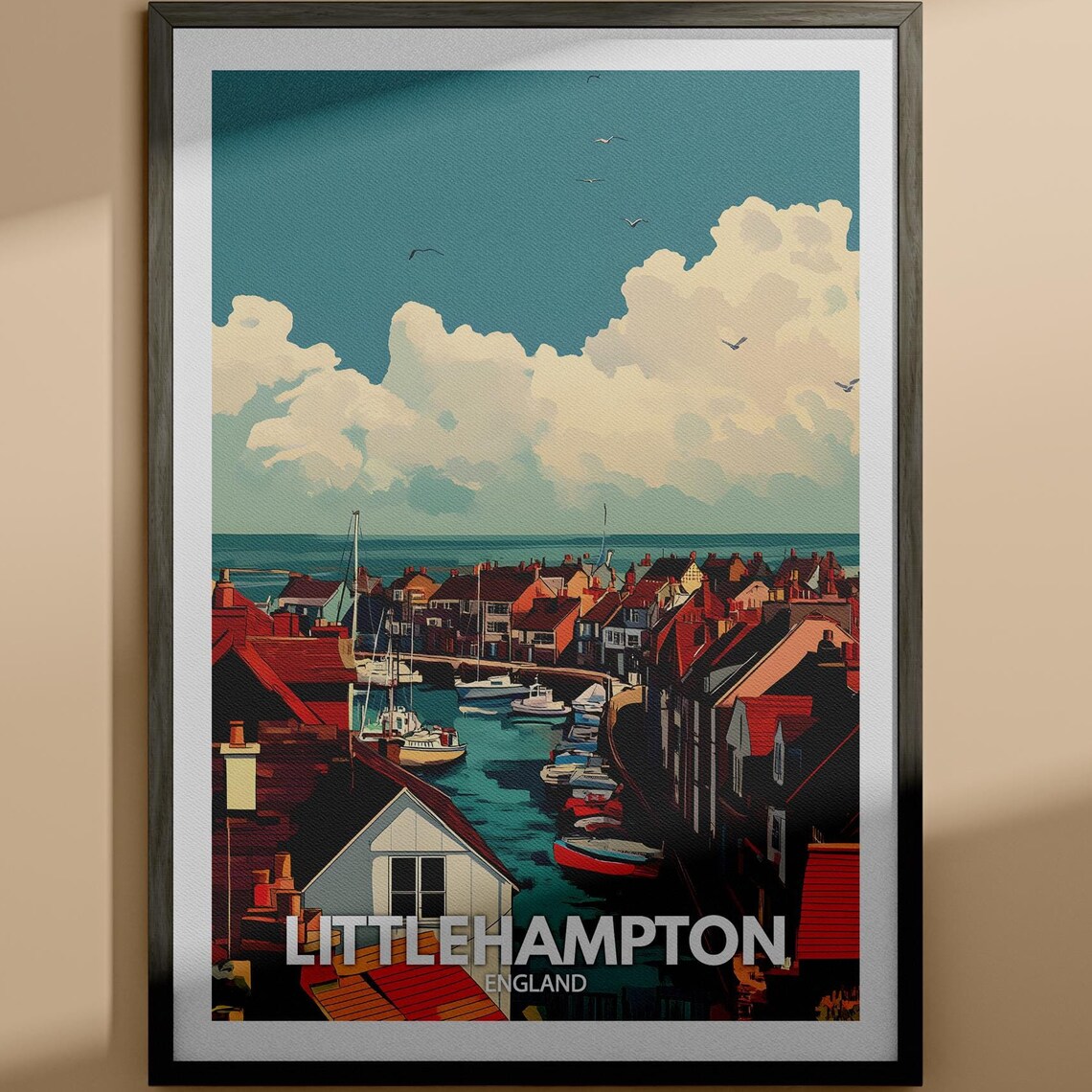 Littlehampton England Vintage Harbor Boats Red Roof Seaside Poster