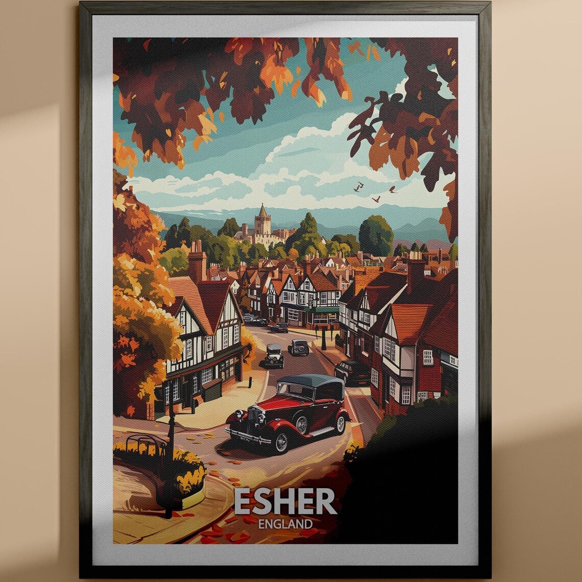Esher England Autumn Vintage Car Tudor Old Town Street Poster