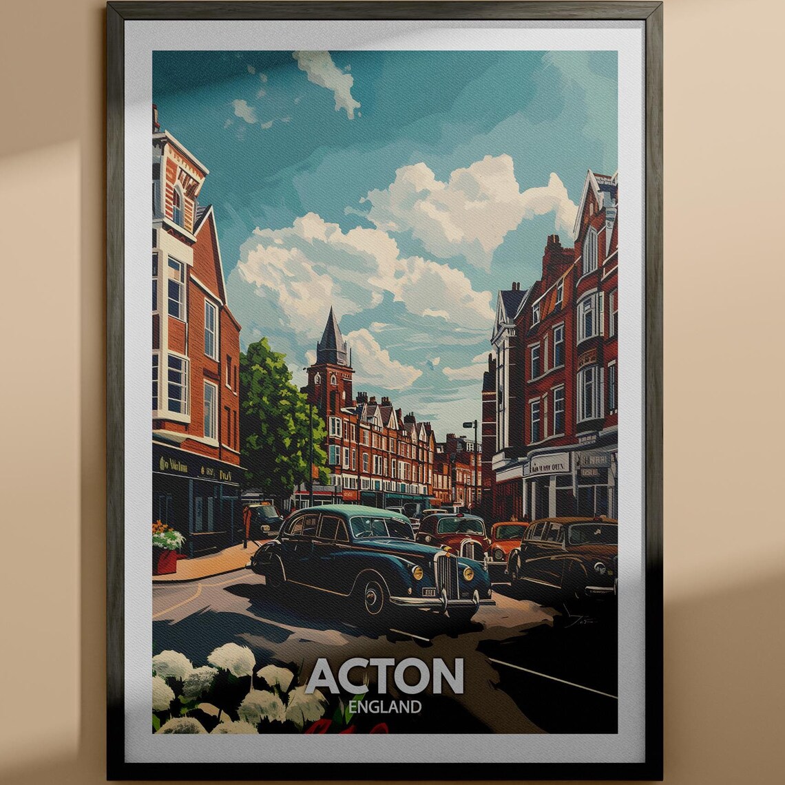 Acton England Illustrated Town Travel Poster Vintage Car Street Scene