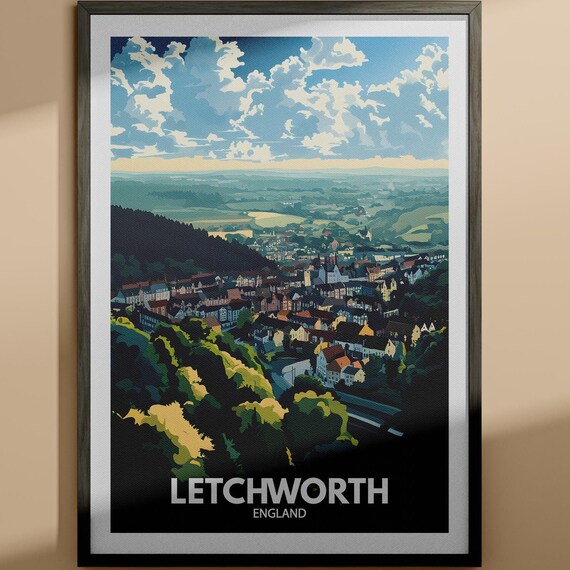 Letchworth England Hilltop Panorama Green Hills Vintage Travel Poster