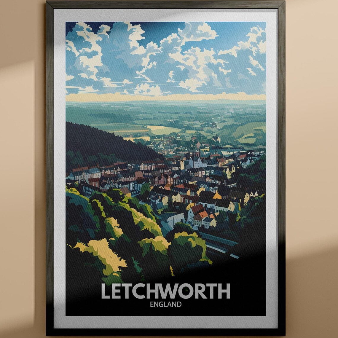 Letchworth England Hilltop Panorama Green Hills Vintage Travel Poster