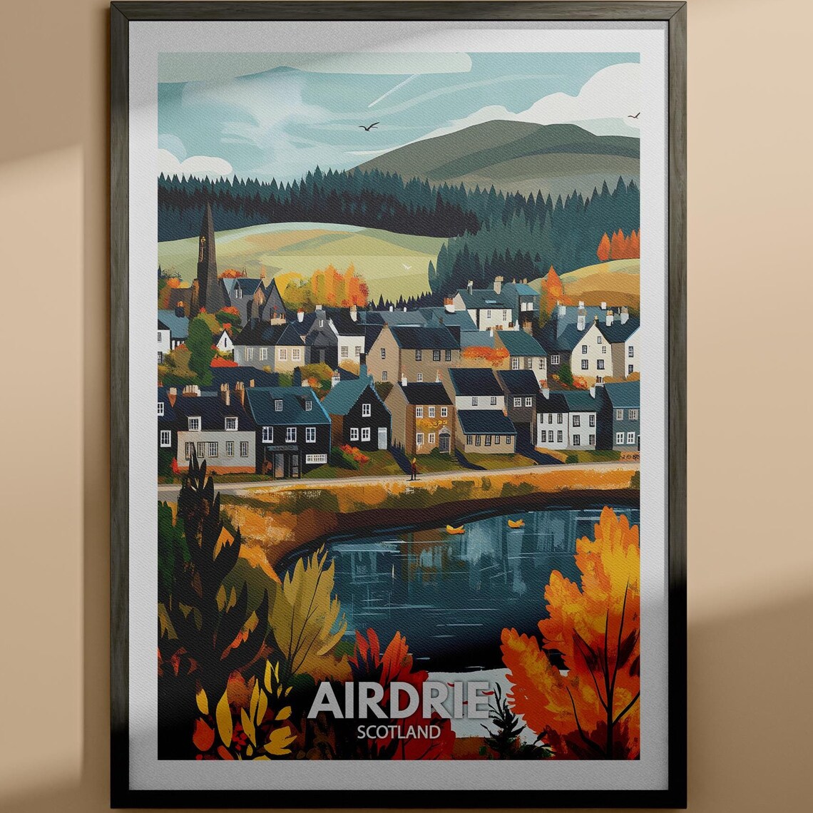 Airdrie Scotland Autumn Village Pond Hills Scenic Vintage Travel Poster