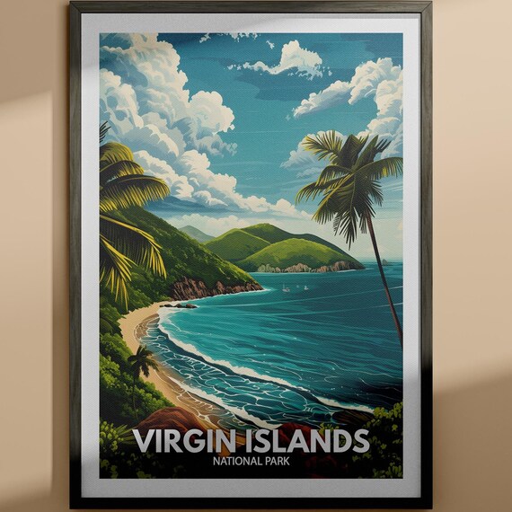 Virgin Islands National Park Beach Cove Palms Vintage Travel Poster