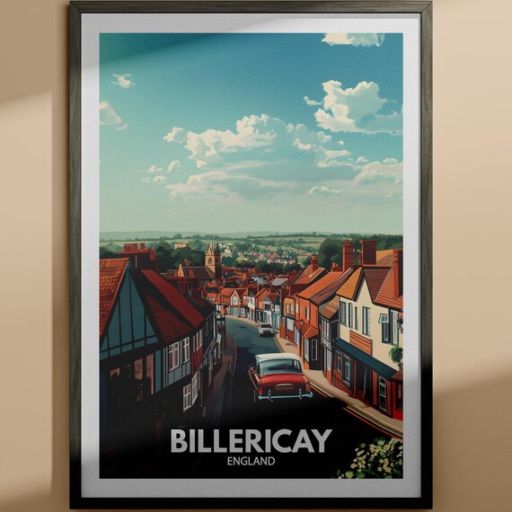 Billericay England Quaint High Street Vintage Car Travel Poster