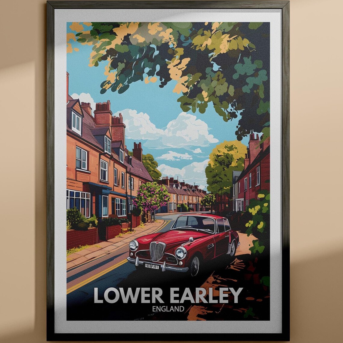 Lower Earley England Brick Terrace Street Red Car Vintage Travel Poster