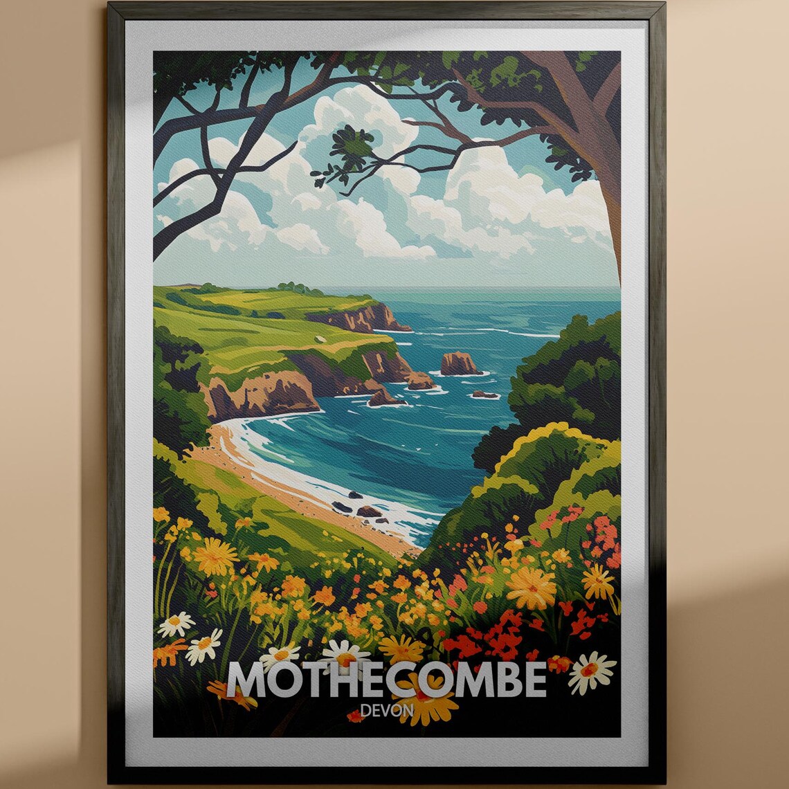 Mothecombe Devon Coastal Cliffs Flower Meadow Sea Travel Poster