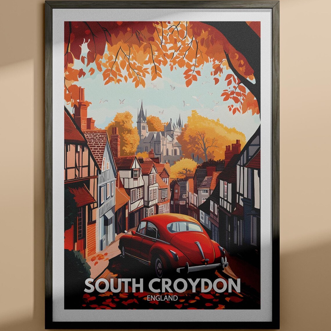 South Croydon England Autumn Street Vintage Car Travel Poster