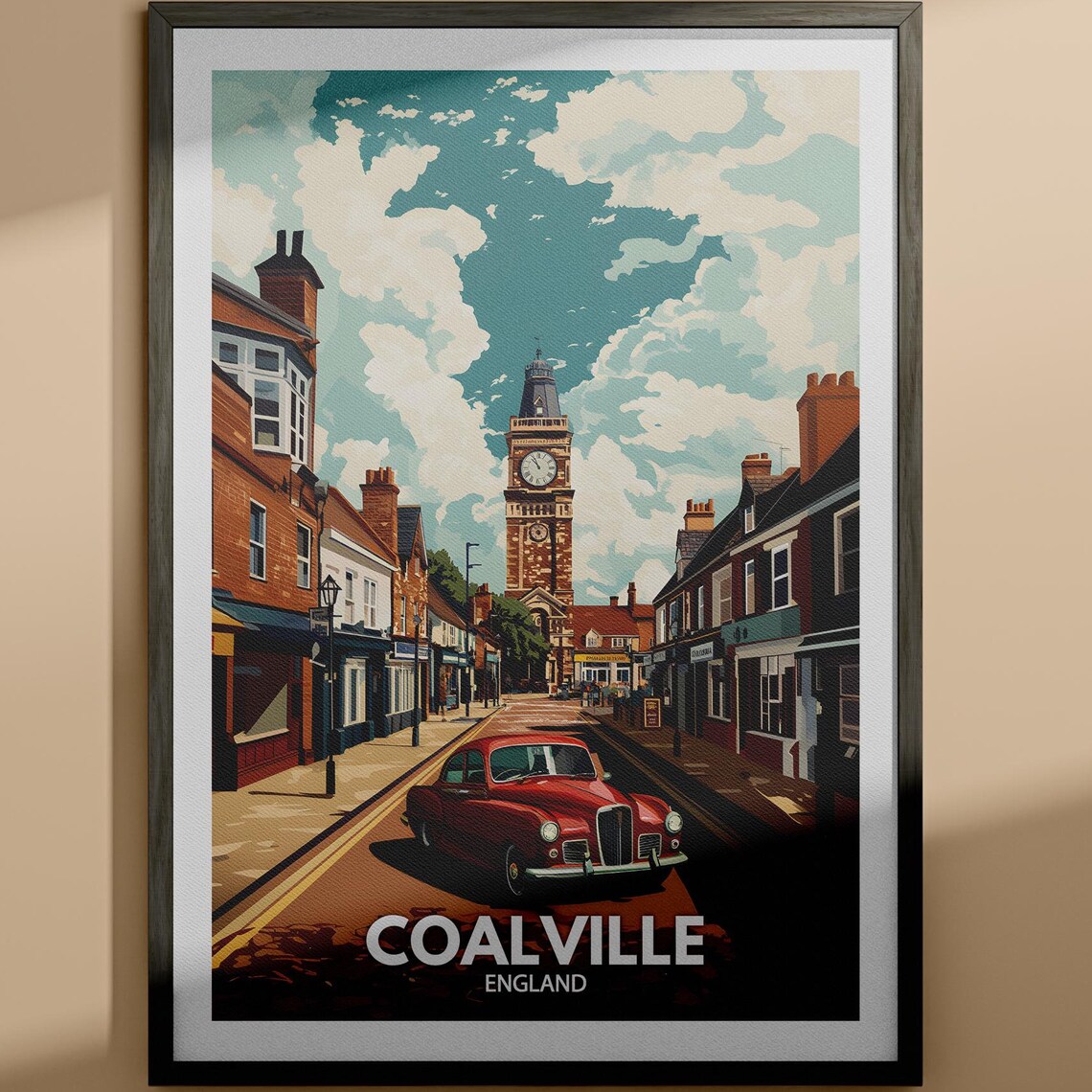 Coalville England Clock Tower Street Vintage Red Car Travel Poster