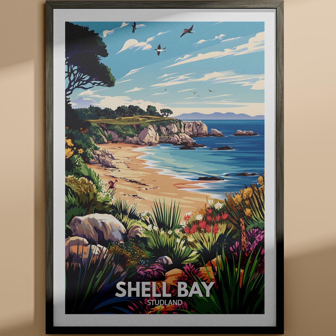 Shell Bay Studland Sandy Beach Flowers Cliffs Coastal Travel Poster