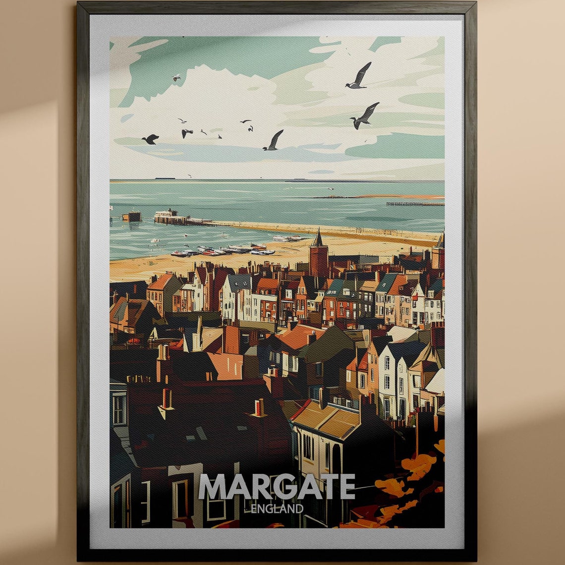 Margate England Seaside Town Pier Rooftops Gulls Vintage Poster