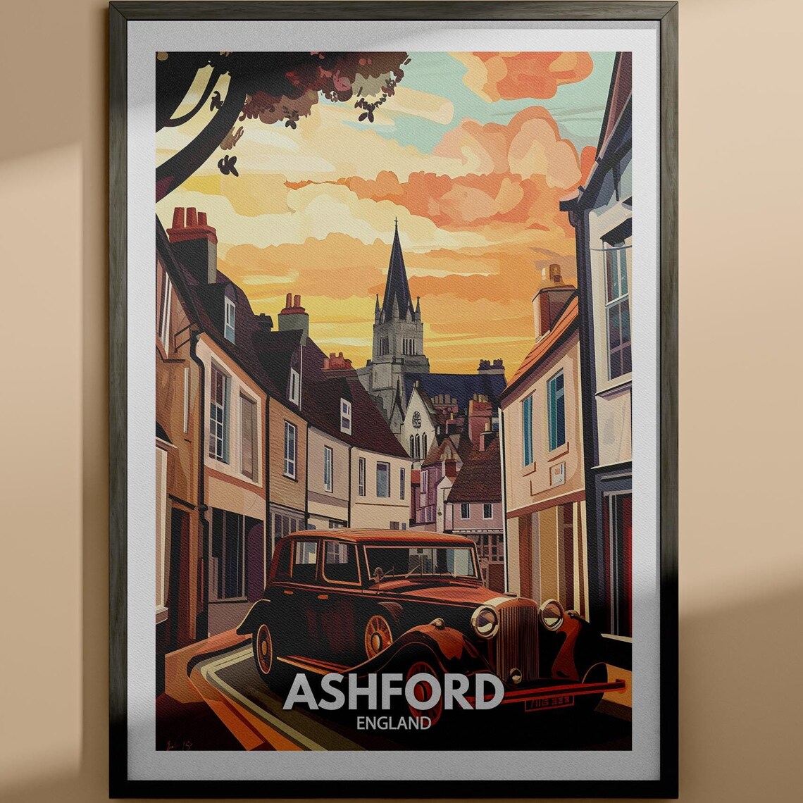 Ashford England Sunset Street Vintage Car Church Spire Travel Poster