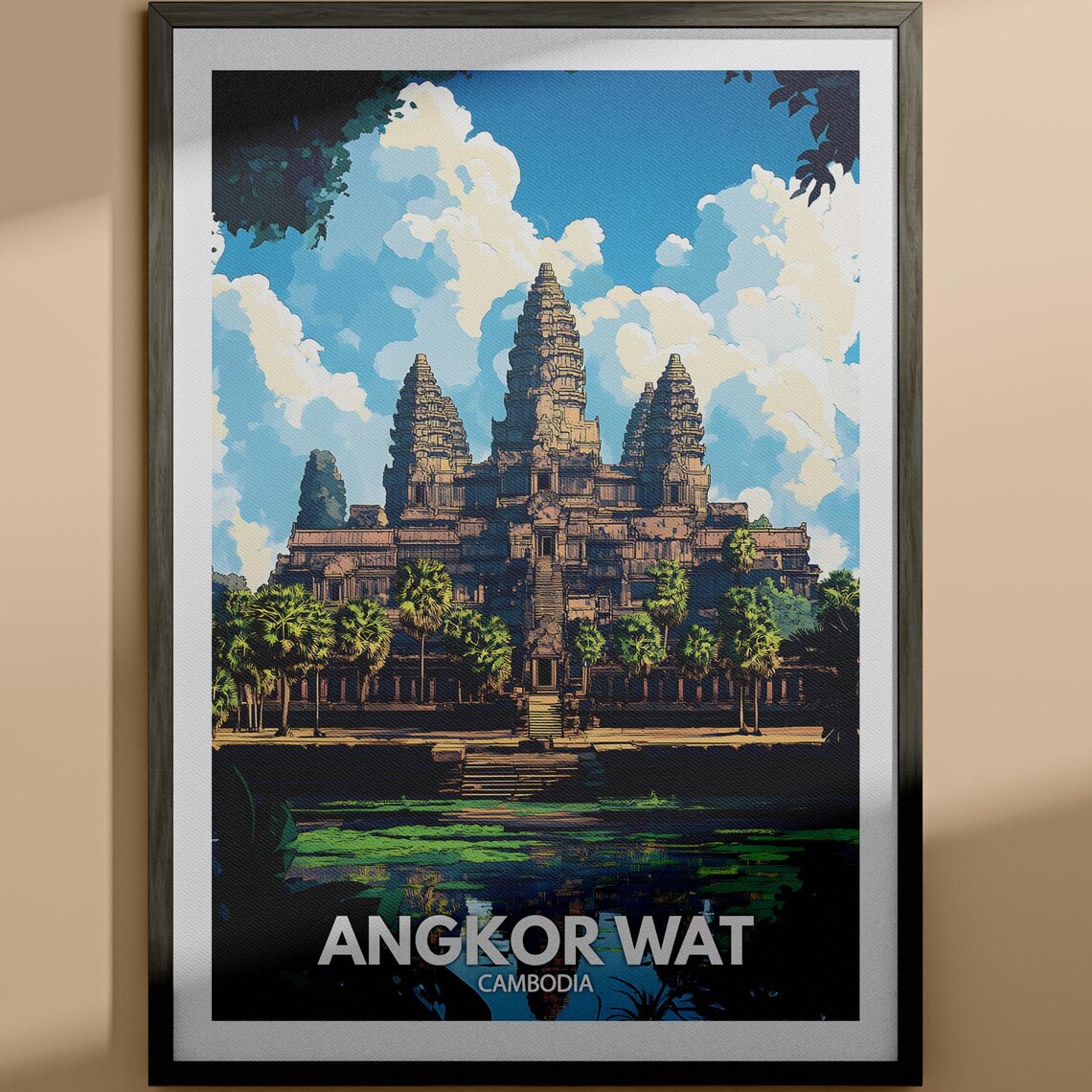 Angkor Wat Cambodia Ancient Temple Towers Lotus Moat Travel Poster