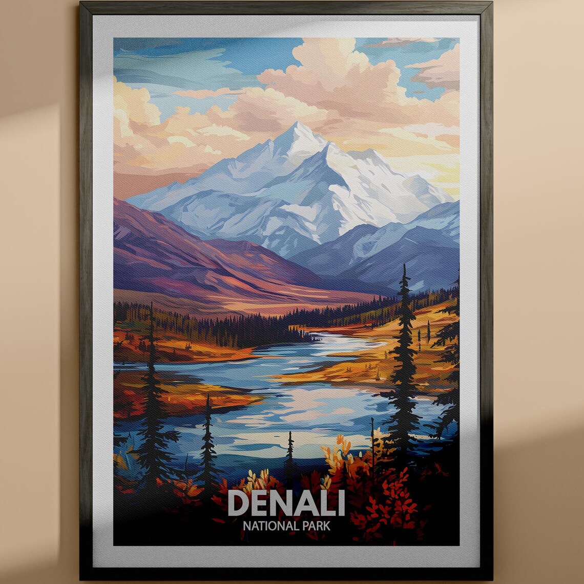 Denali National Park Alaska Snow Peak River Valley Illustration Poster