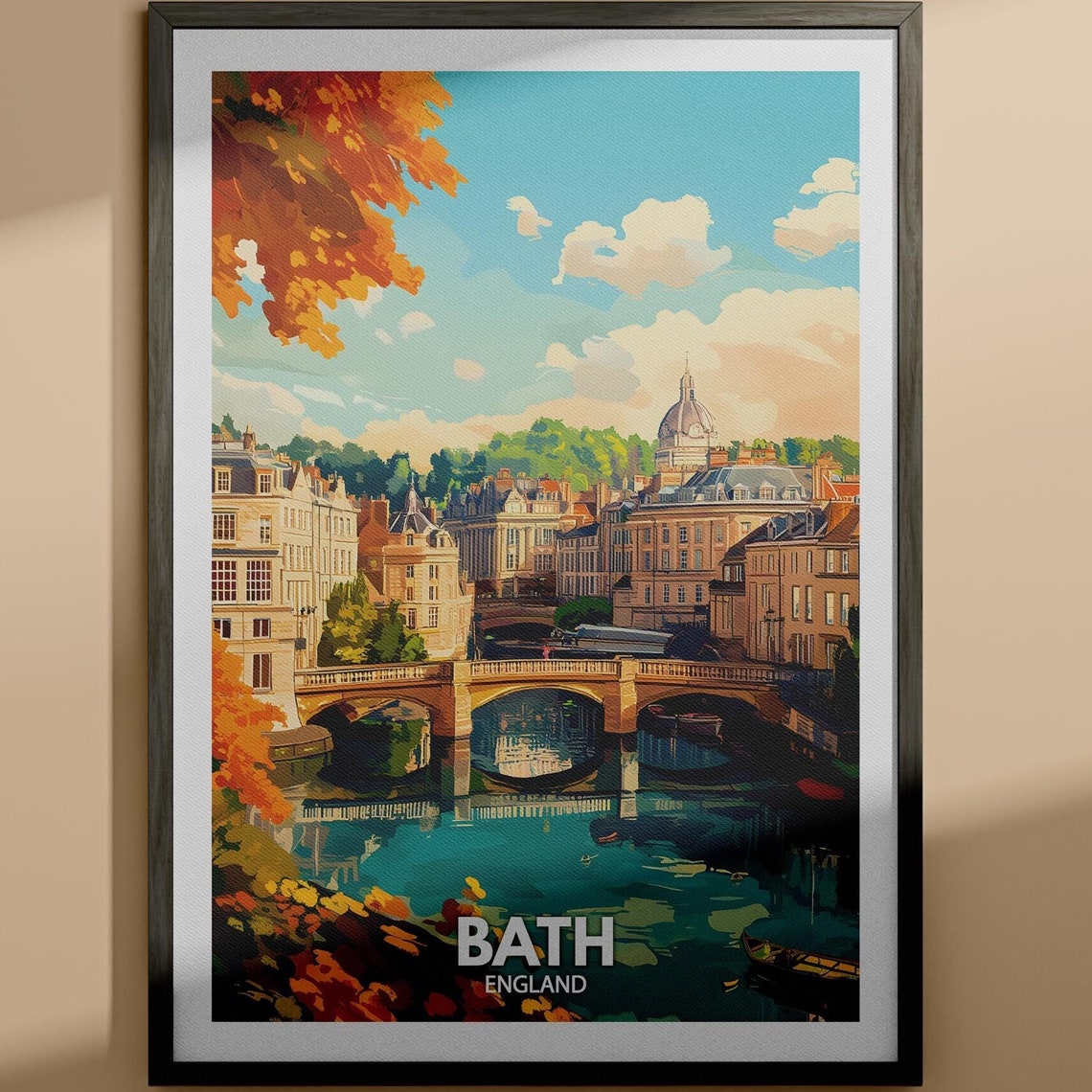 Bath England Pulteney Bridge River Autumn Georgian Travel Poster