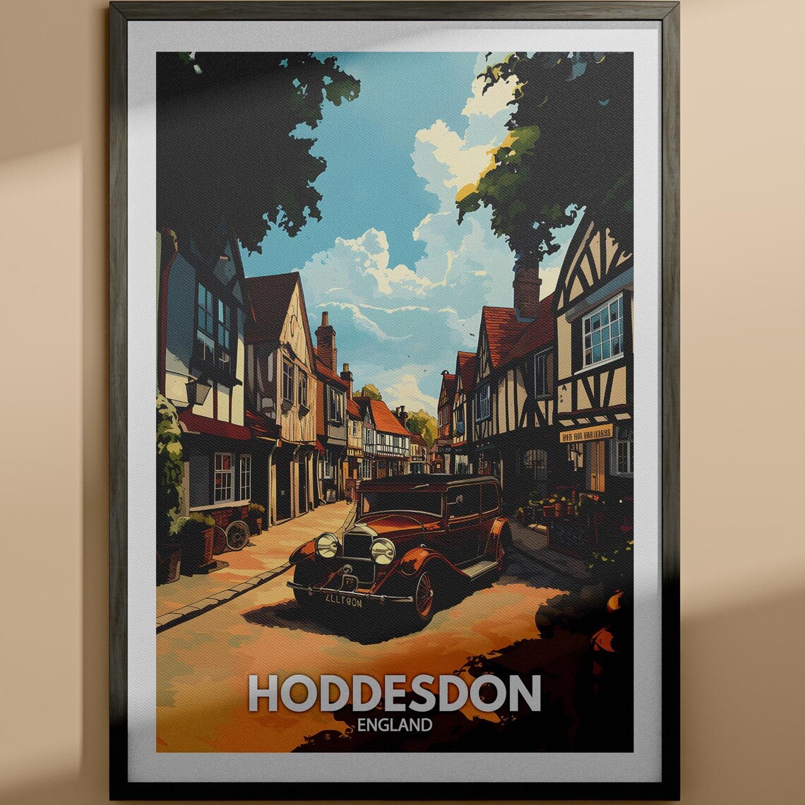 Hoddesdon England Tudor High Street Classic Car Vintage Travel Poster