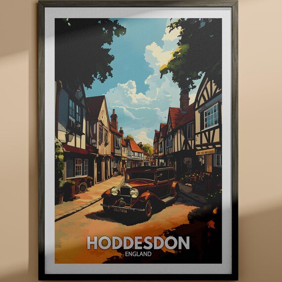 Hoddesdon England Tudor High Street Classic Car Vintage Travel Poster