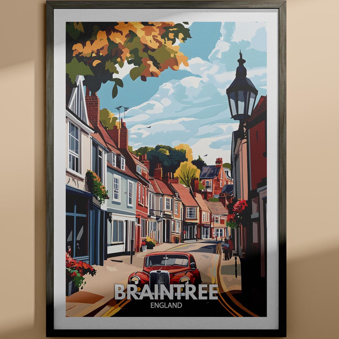 Braintree England Vintage Town Street Classic Car Travel Poster