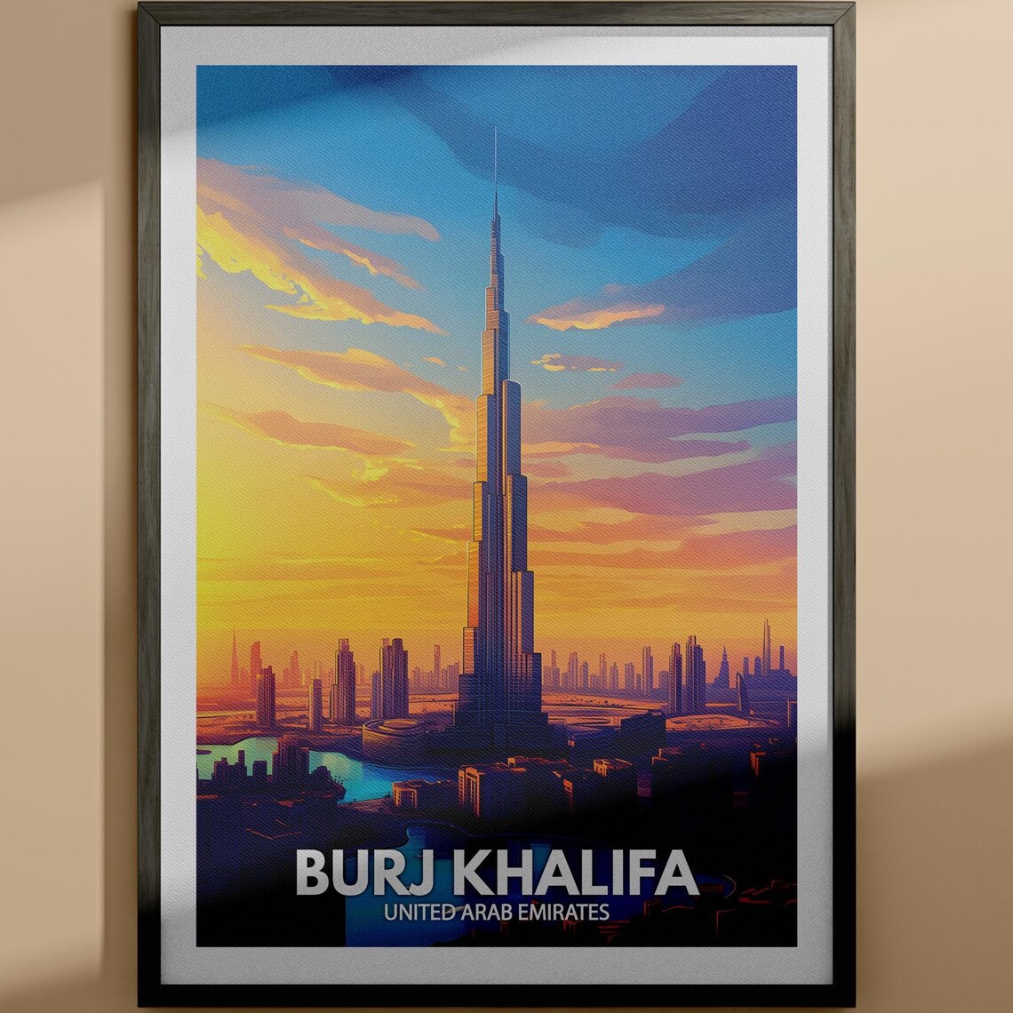 Burj Khalifa United Arab Emirates Sunset Skyline Travel Poster