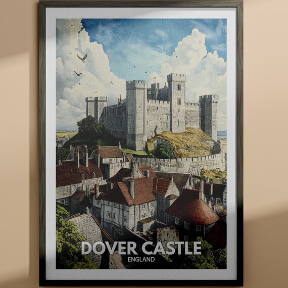 Dover Castle England Hilltop Fortress Over Old Town Vintage Travel Poster