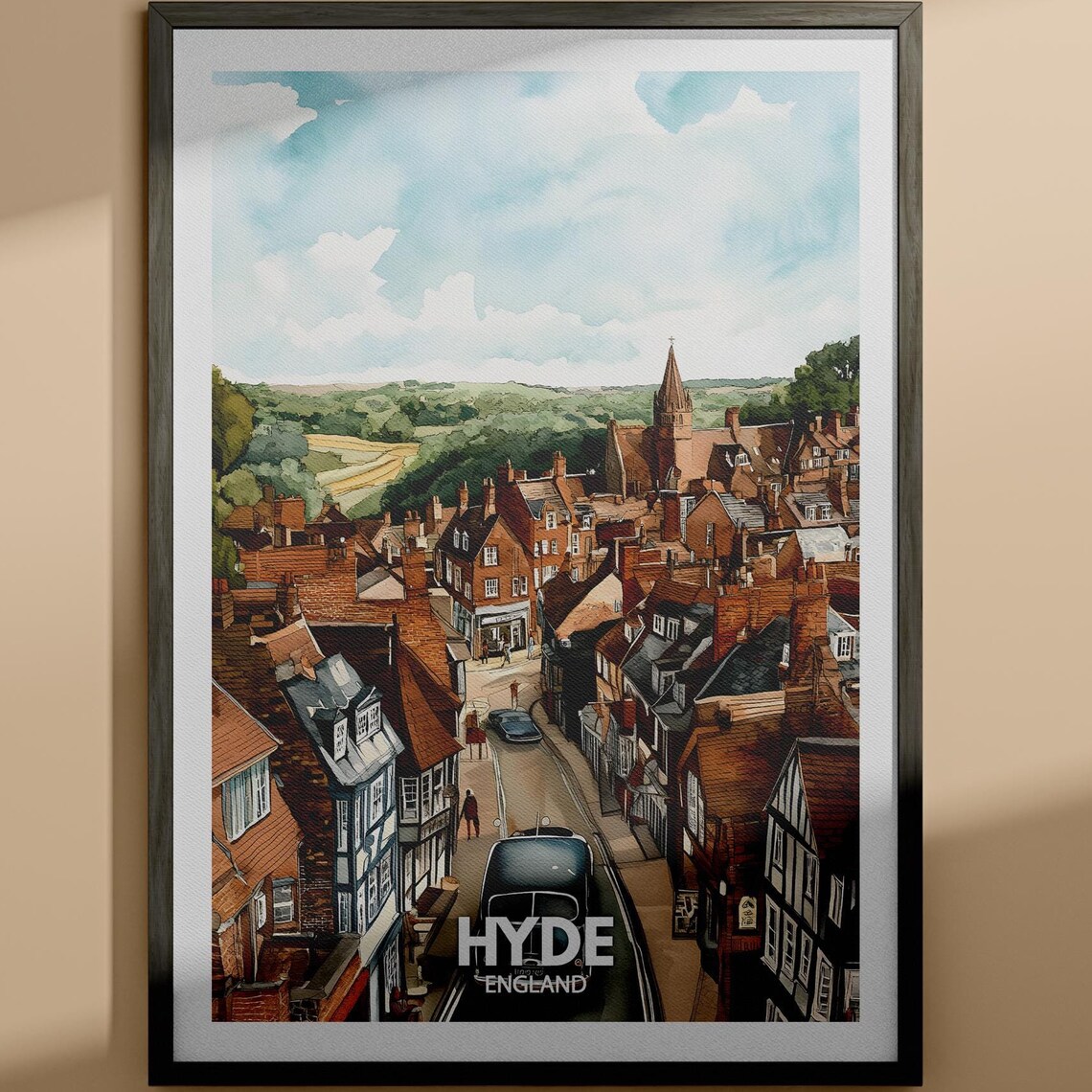 Hyde England Village High Street Church Vintage Cars Travel Art Poster