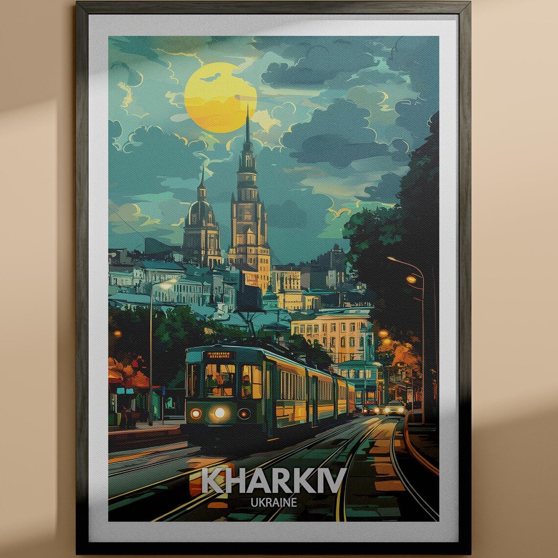 Kharkiv Ukraine Night Tram Old Town Moonlit Vintage Travel Poster