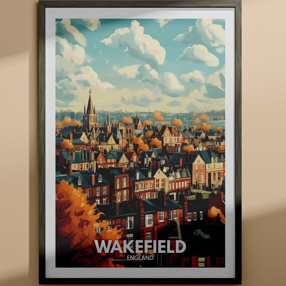 Wakefield England Autumn Cityscape Rooftop Skyline Travel Poster