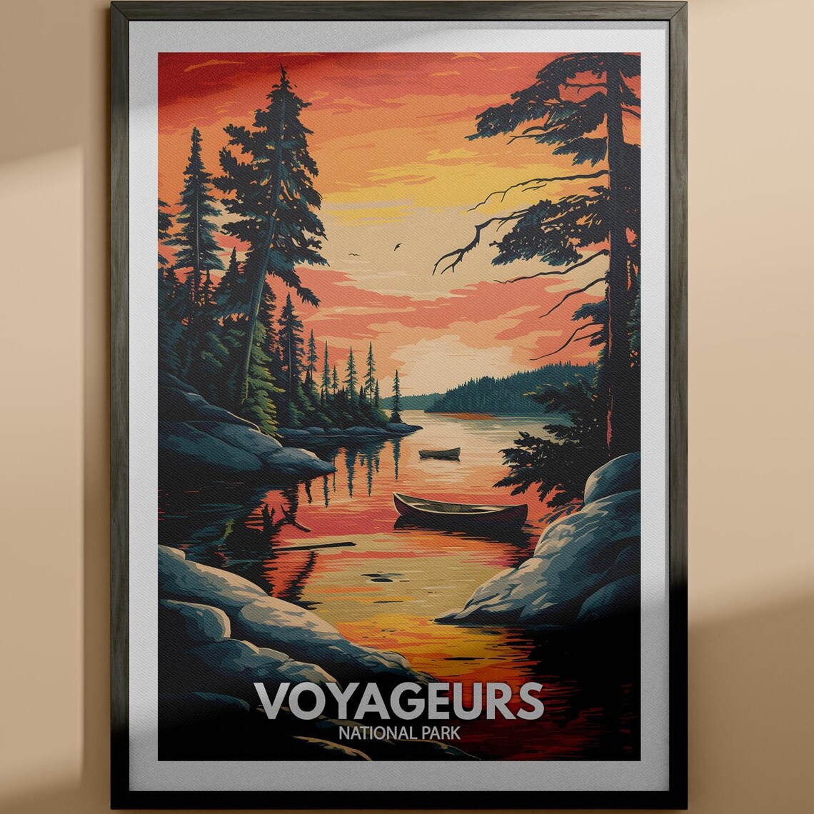 Voyageurs National Park Lake Sunset Canoe Vintage Travel Poster