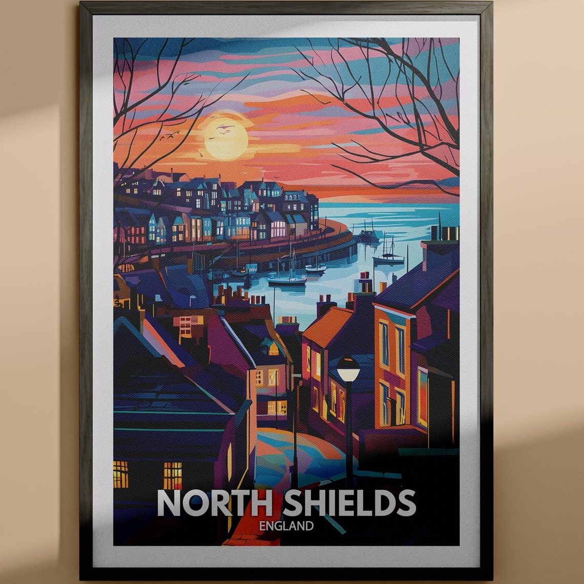 North Shields England Sunset Harbor Vintage Travel Poster View