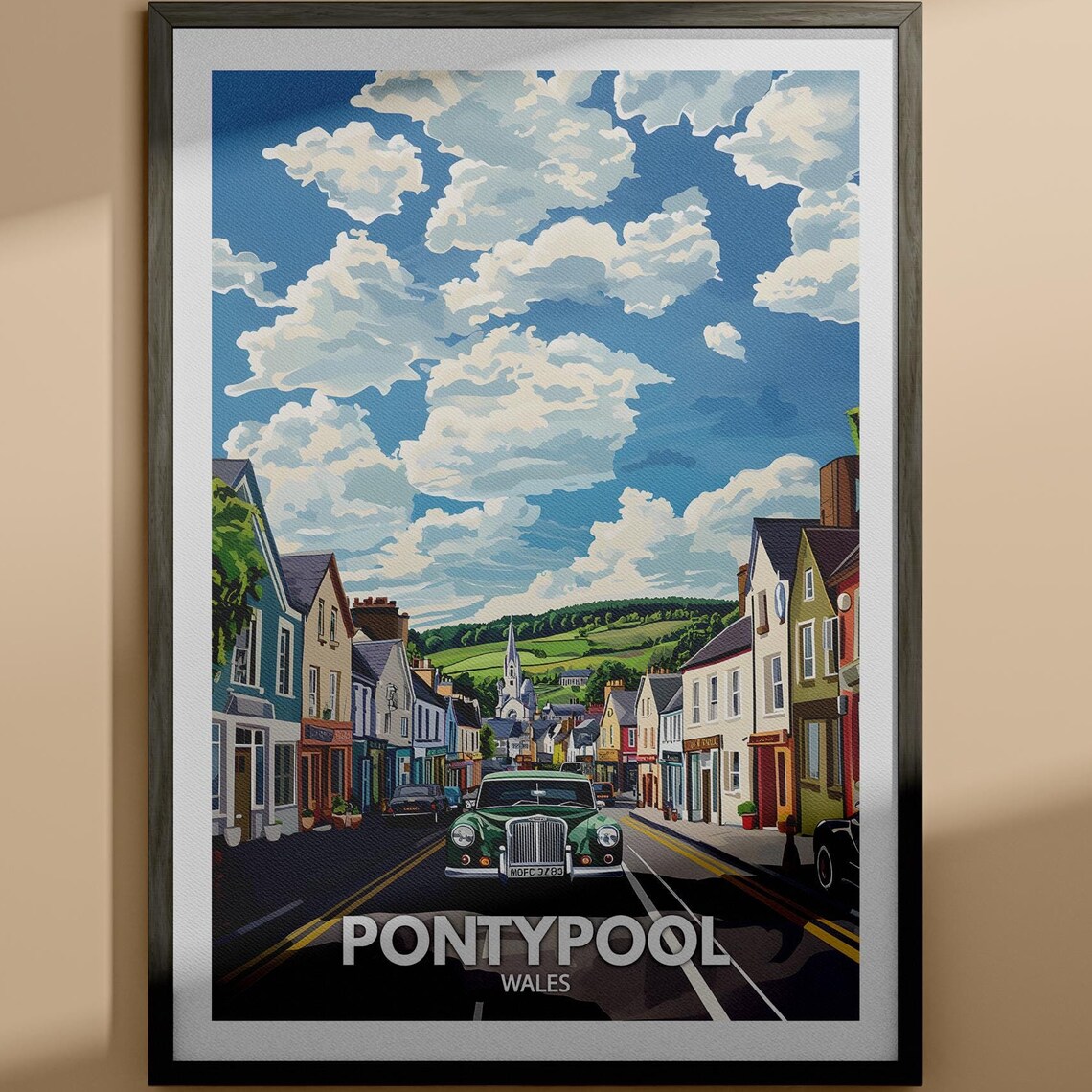 Pontypool Wales Vintage Green Car Street Scene Retro Travel Poster