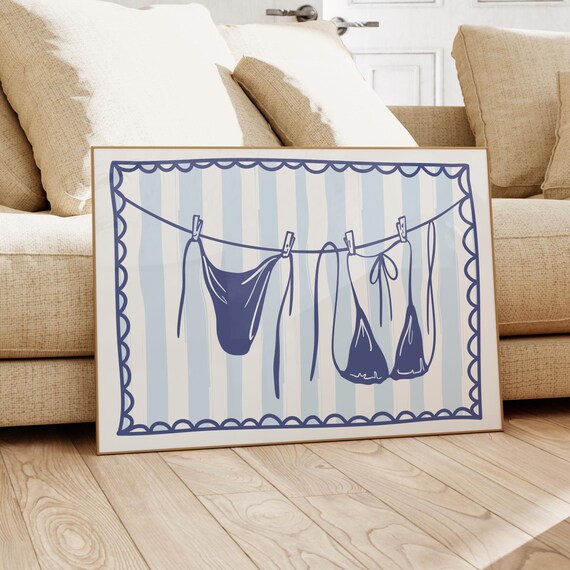 Navy Bikini On Clothesline Blue Striped Summer Beach Quote Poster