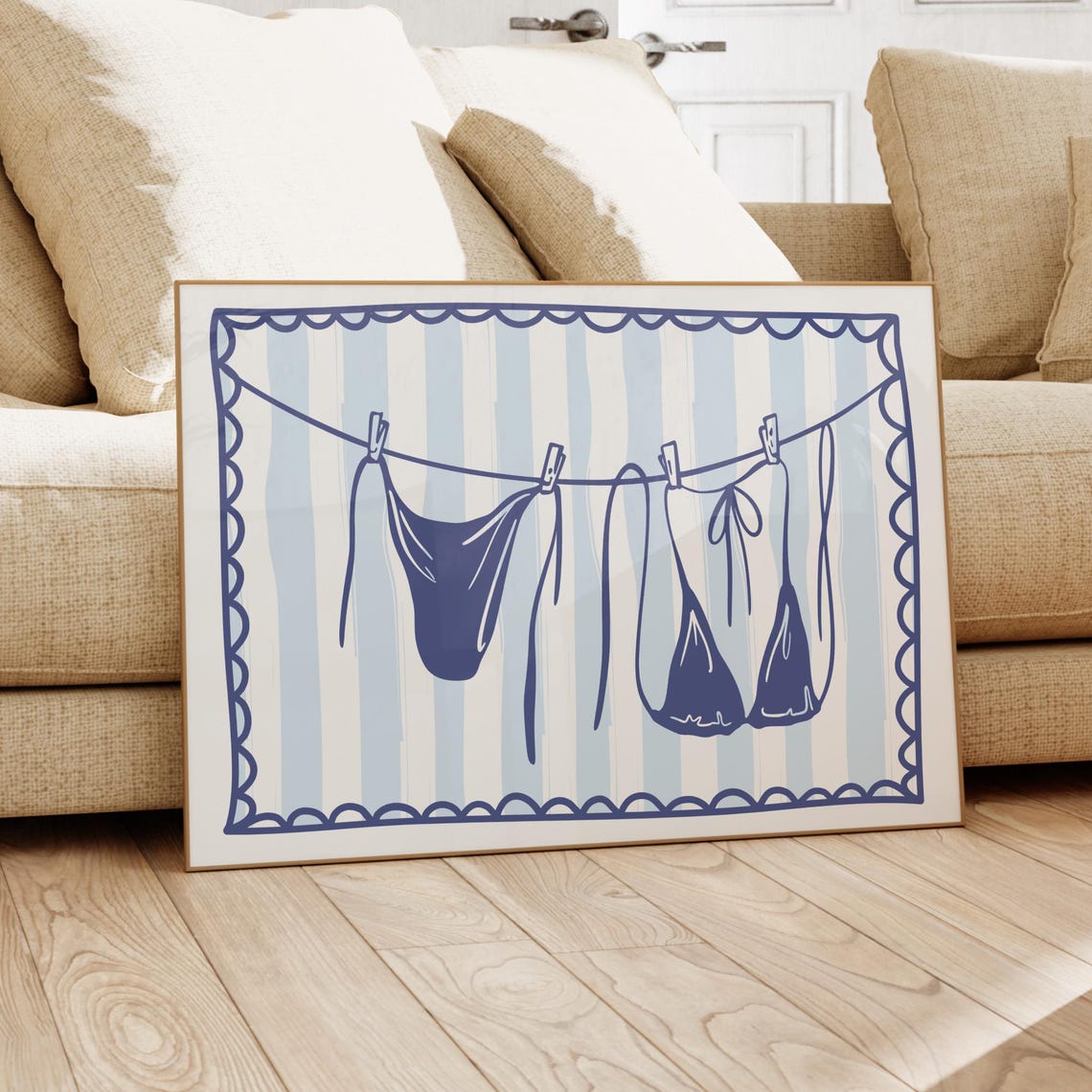 Navy Bikini On Clothesline Blue Striped Summer Beach Quote Poster